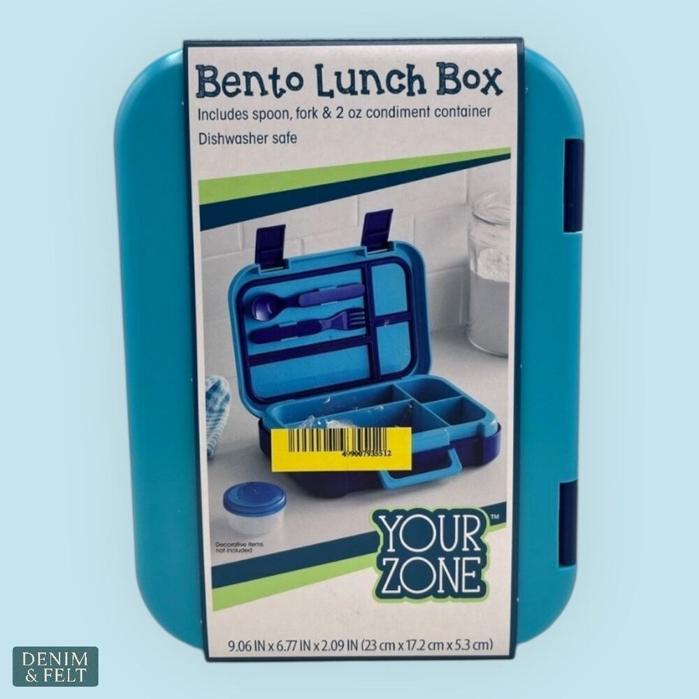 Your Zone Blue Bento Lunch Box with Utensils Condiment Container Dishwasher Safe